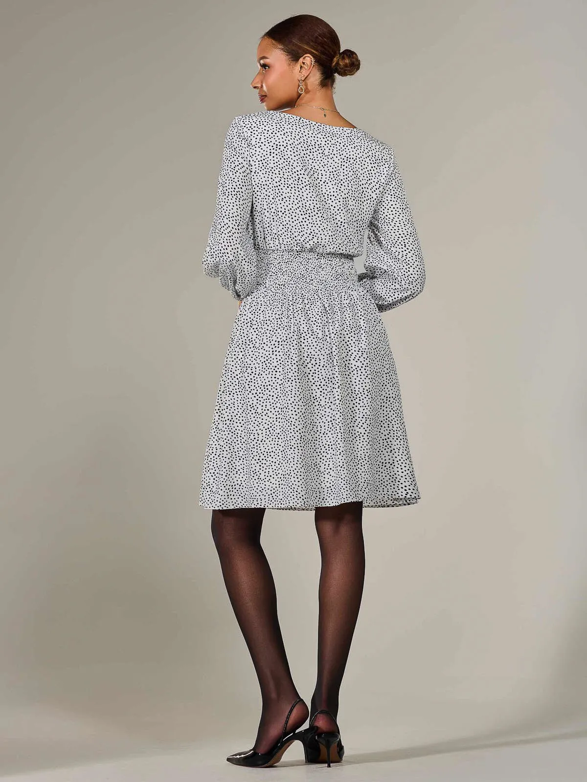 Long Sleeve Ruched Waist Midi Dress, White Polka