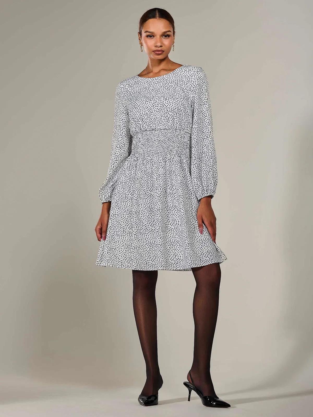 Long Sleeve Ruched Waist Midi Dress, White Polka