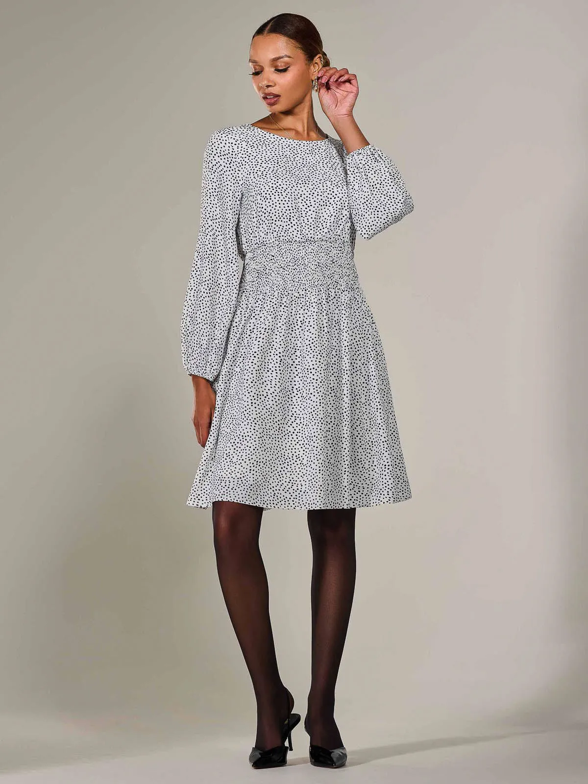 Long Sleeve Ruched Waist Midi Dress, White Polka