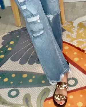 Lover Brand Medium Wash High Waist Wide Leg Distressed Ankle Frayed Jeans