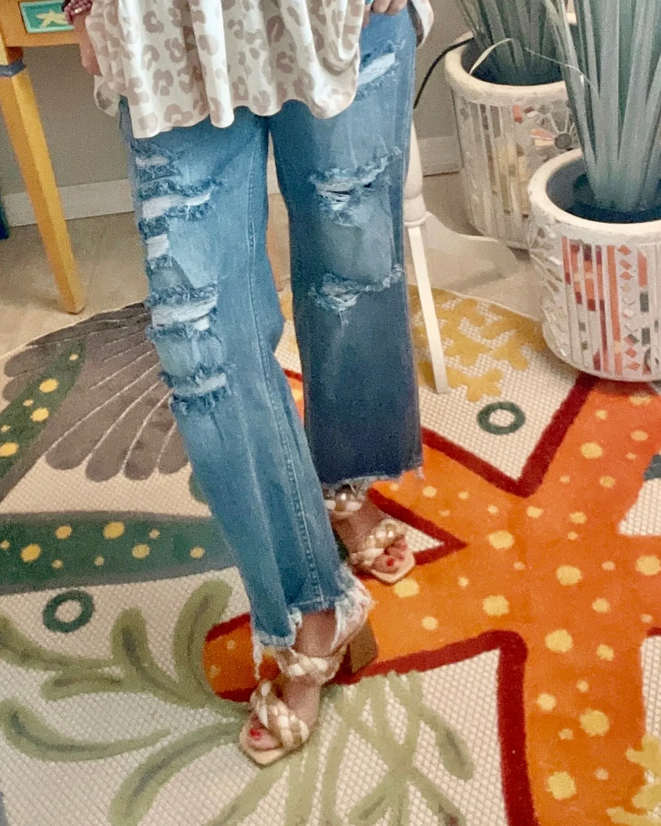 Lover Brand Medium Wash High Waist Wide Leg Distressed Ankle Frayed Jeans