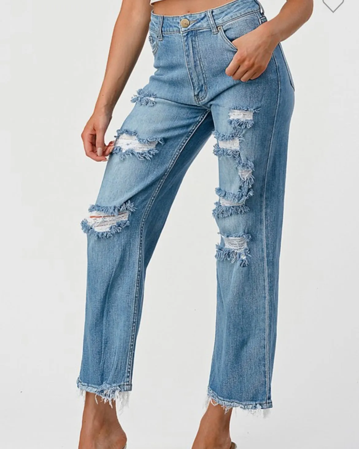 Lover Brand Medium Wash High Waist Wide Leg Distressed Ankle Frayed Jeans