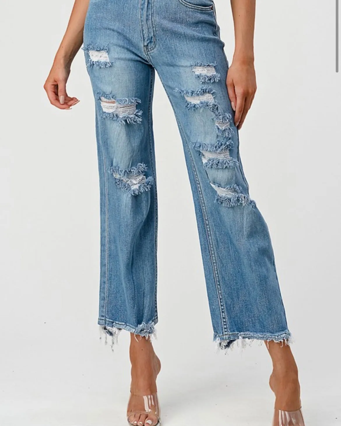 Lover Brand Medium Wash High Waist Wide Leg Distressed Ankle Frayed Jeans