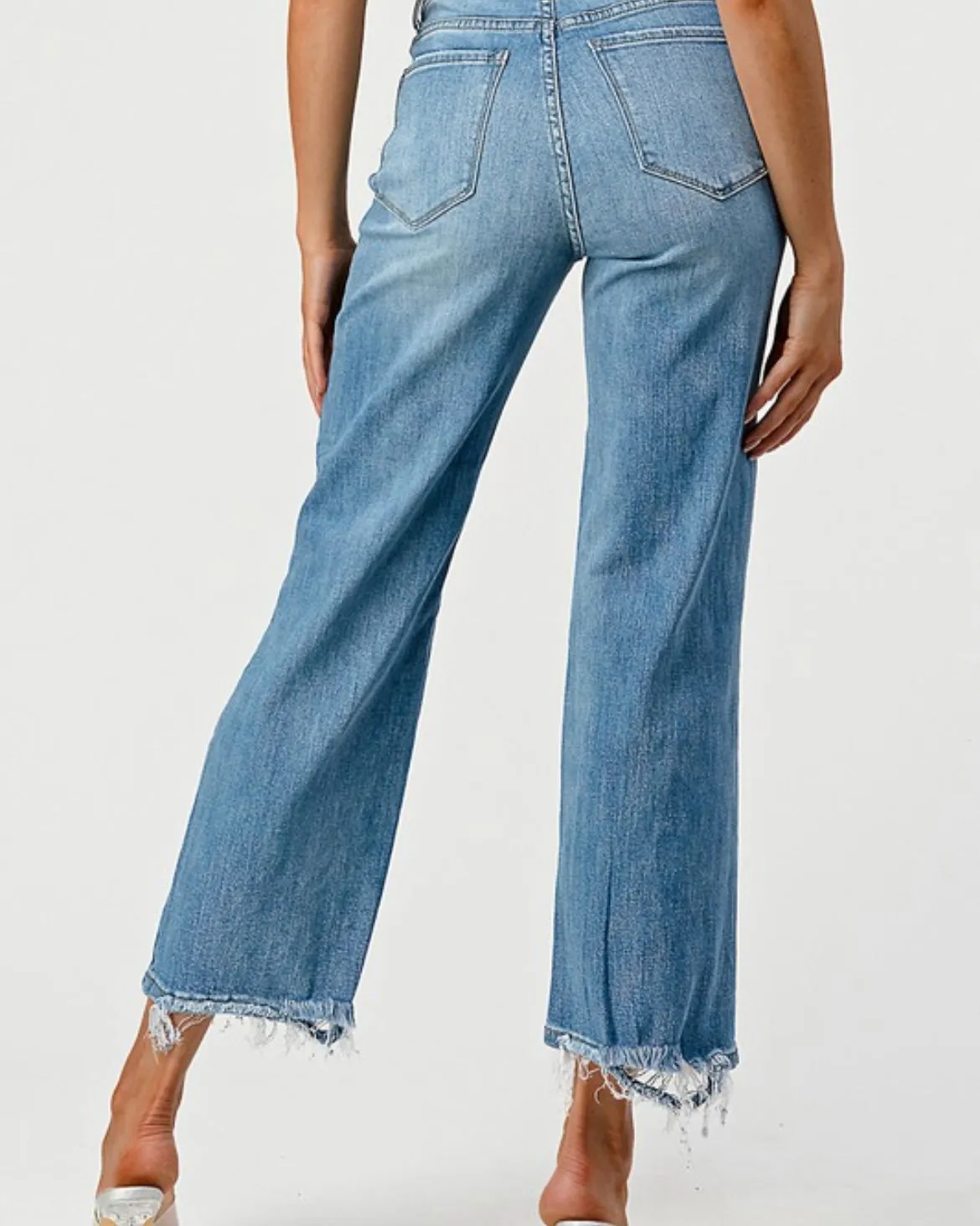 Lover Brand Medium Wash High Waist Wide Leg Distressed Ankle Frayed Jeans