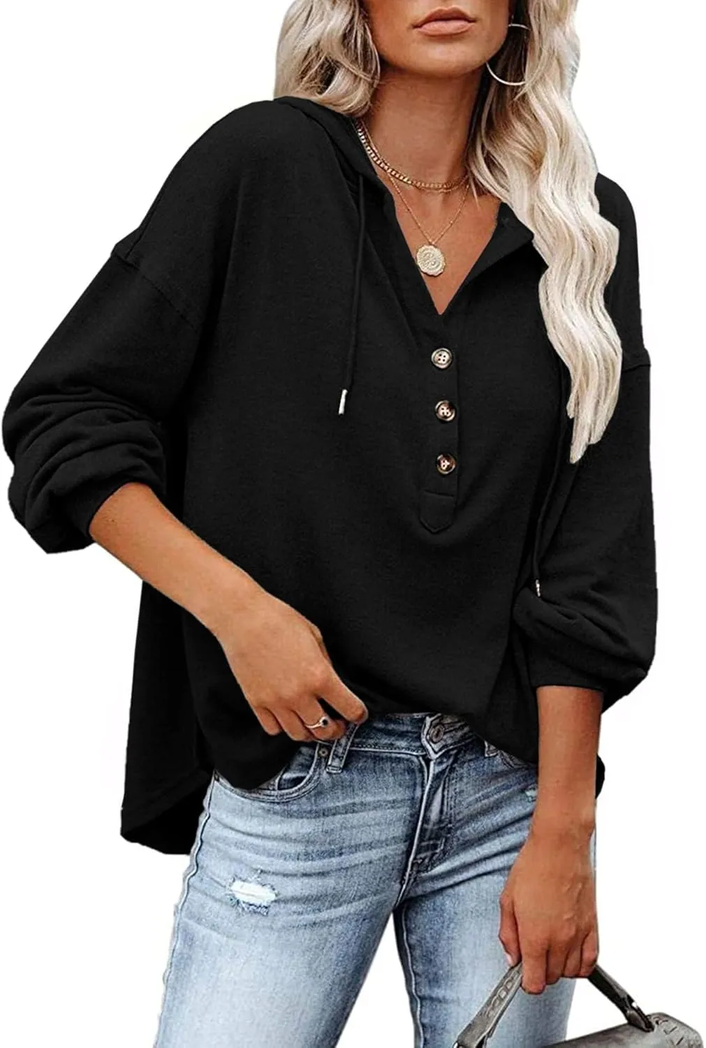 LuckyMore Women's Sweatshirts Hoodie Casual V Neck Long Sleeve Button Pullover Tunic Tops