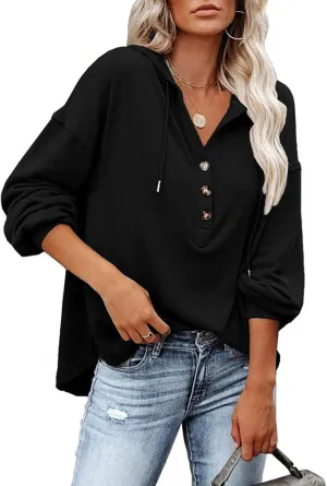 LuckyMore Women's Sweatshirts Hoodie Casual V Neck Long Sleeve Button Pullover Tunic Tops
