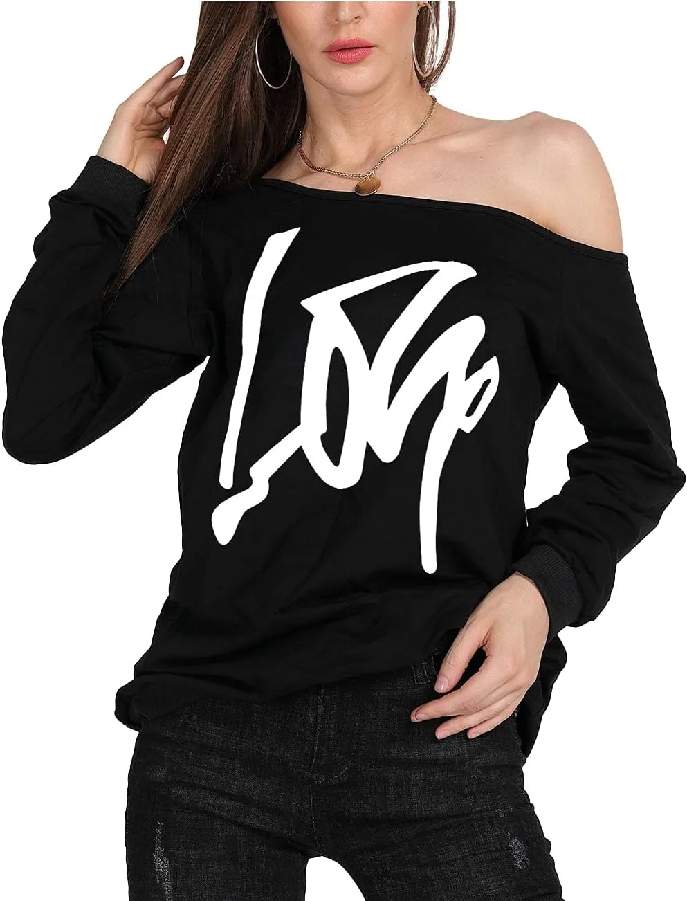 MAGICMK Womans Sweatershirt Lips Print Causal Blouse Off The Shoulder Long Sleeve Loose Slouchy Pullover Plus Size Tops