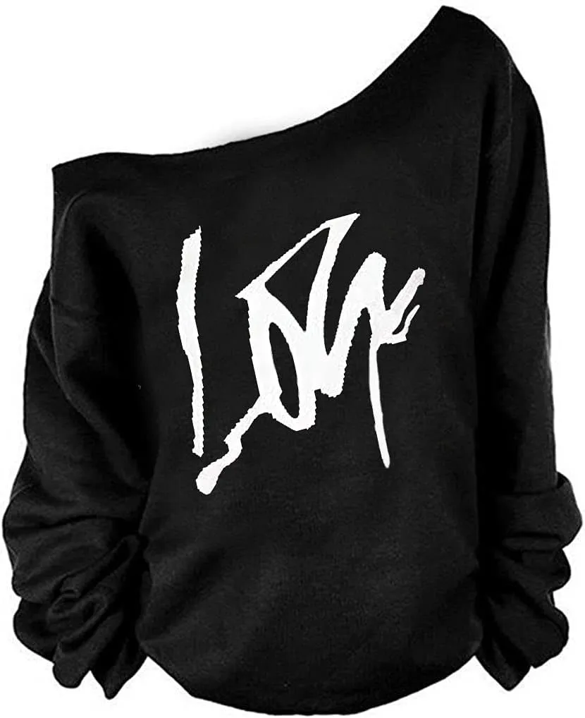 MAGICMK Womans Sweatershirt Lips Print Causal Blouse Off The Shoulder Long Sleeve Loose Slouchy Pullover Plus Size Tops