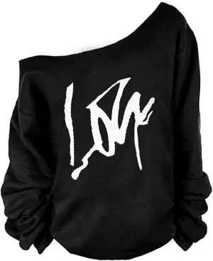 MAGICMK Womans Sweatershirt Lips Print Causal Blouse Off The Shoulder Long Sleeve Loose Slouchy Pullover Plus Size Tops