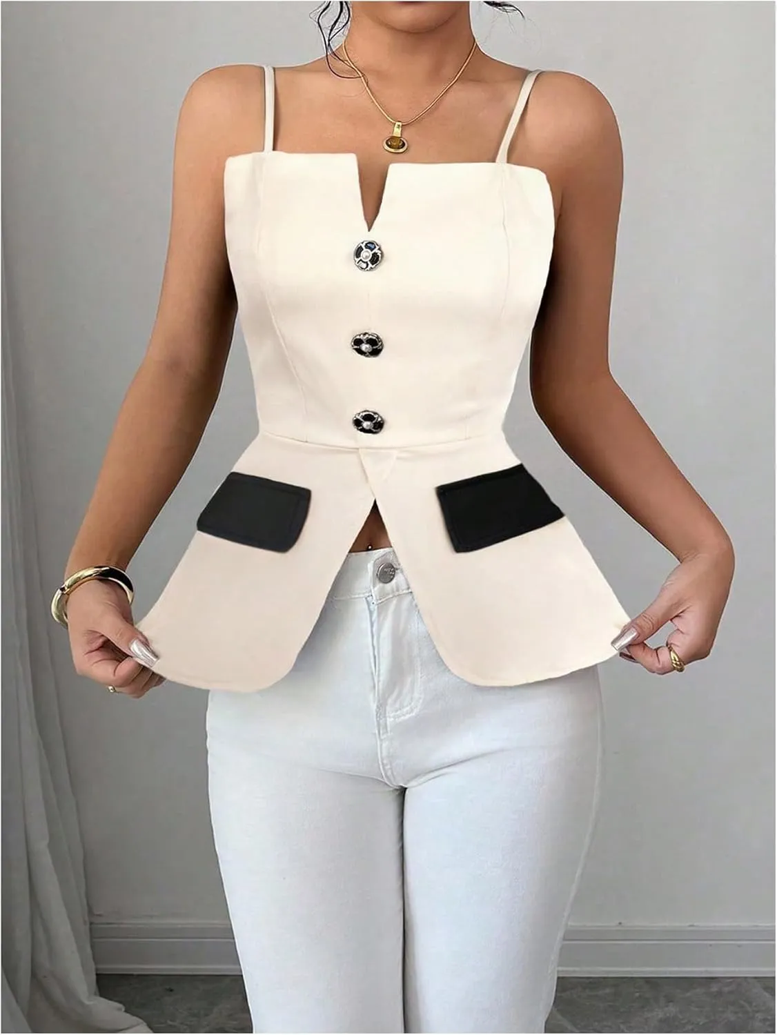 MakeMeChic Women's Elegant Sleeveless Tops Color Block Camisole Top Button Front Backless Camis Shirts