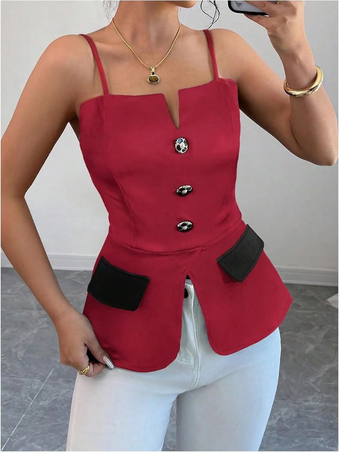 MakeMeChic Women's Elegant Sleeveless Tops Color Block Camisole Top Button Front Backless Camis Shirts
