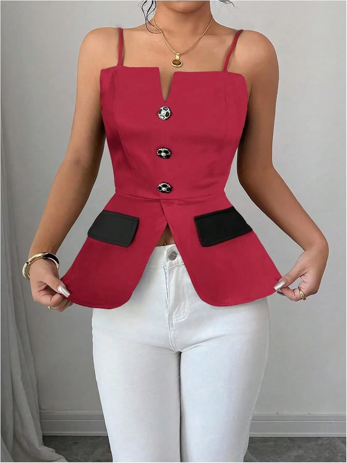 MakeMeChic Women's Elegant Sleeveless Tops Color Block Camisole Top Button Front Backless Camis Shirts