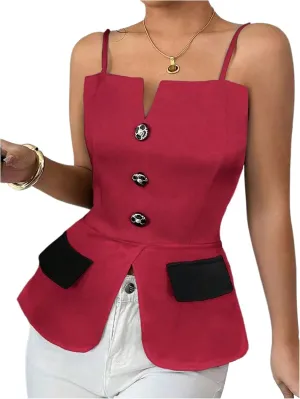 MakeMeChic Women's Elegant Sleeveless Tops Color Block Camisole Top Button Front Backless Camis Shirts