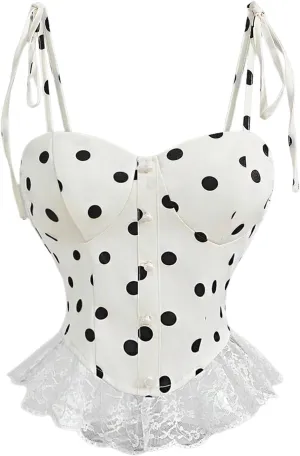 MakeMeChic Women's Polka Dots Pearl Lace Tie Shoulder Camisole Ruffle Elegant Tank Crop Tops