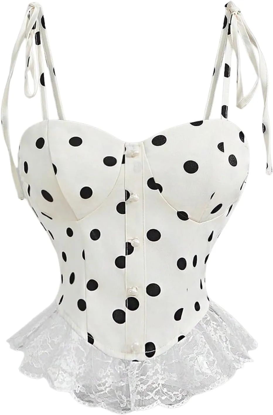 MakeMeChic Women's Polka Dots Pearl Lace Tie Shoulder Camisole Ruffle Elegant Tank Crop Tops