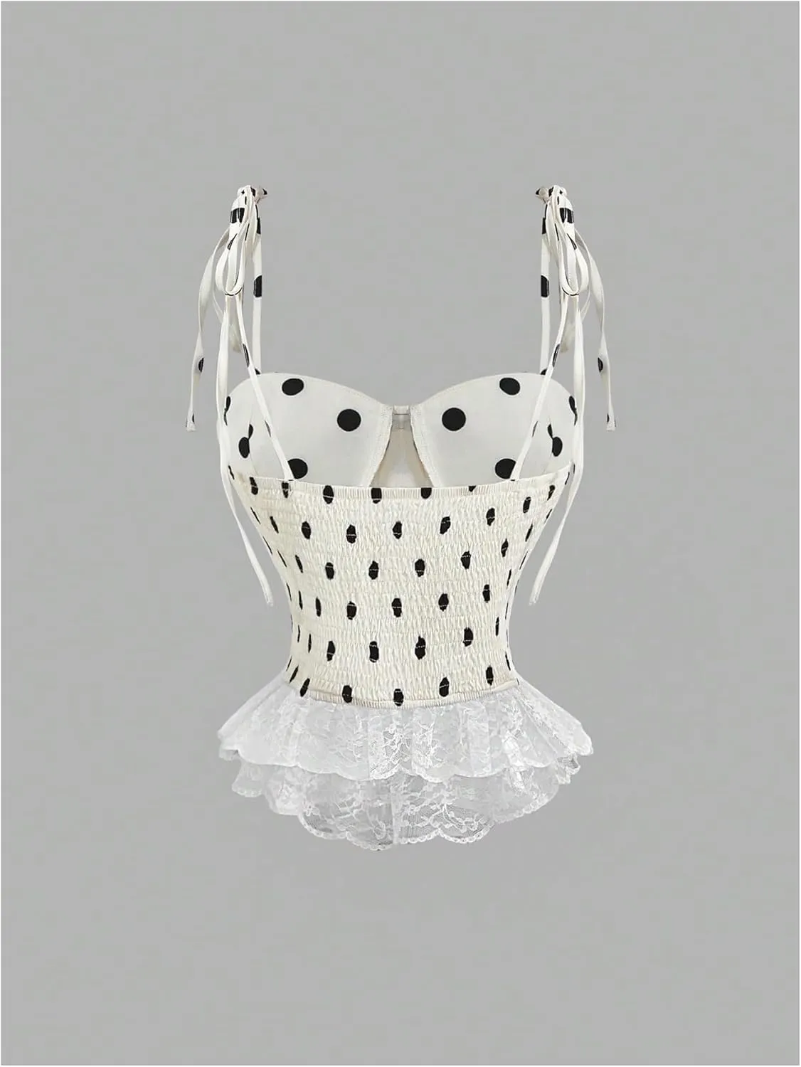 MakeMeChic Women's Polka Dots Pearl Lace Tie Shoulder Camisole Ruffle Elegant Tank Crop Tops