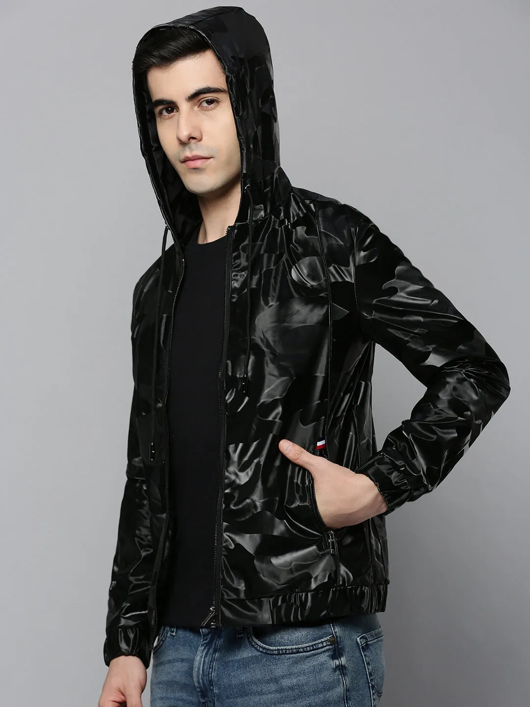 Men Black Camouflage Biker Jacket