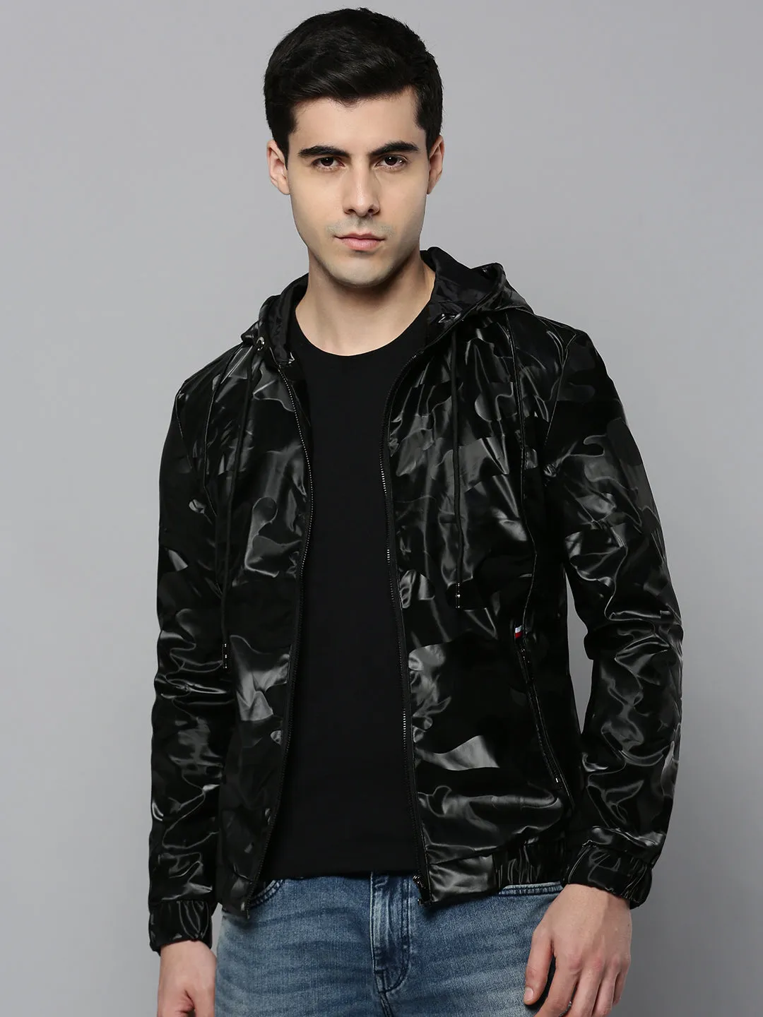 Men Black Camouflage Biker Jacket
