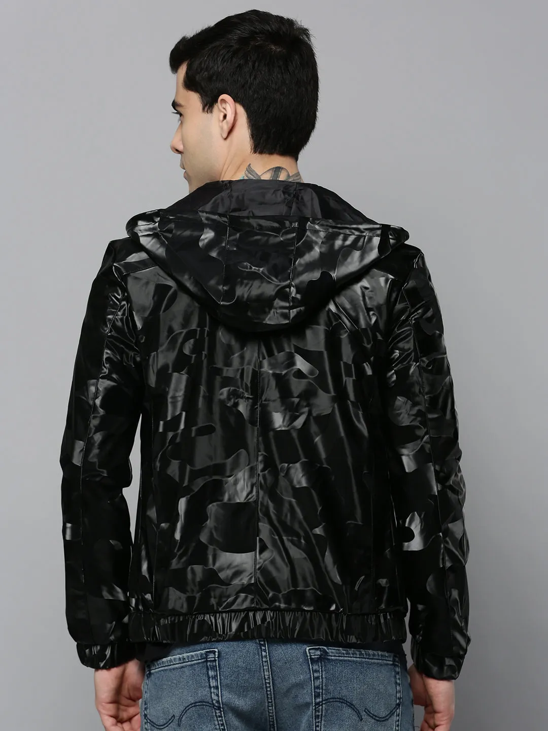Men Black Camouflage Biker Jacket