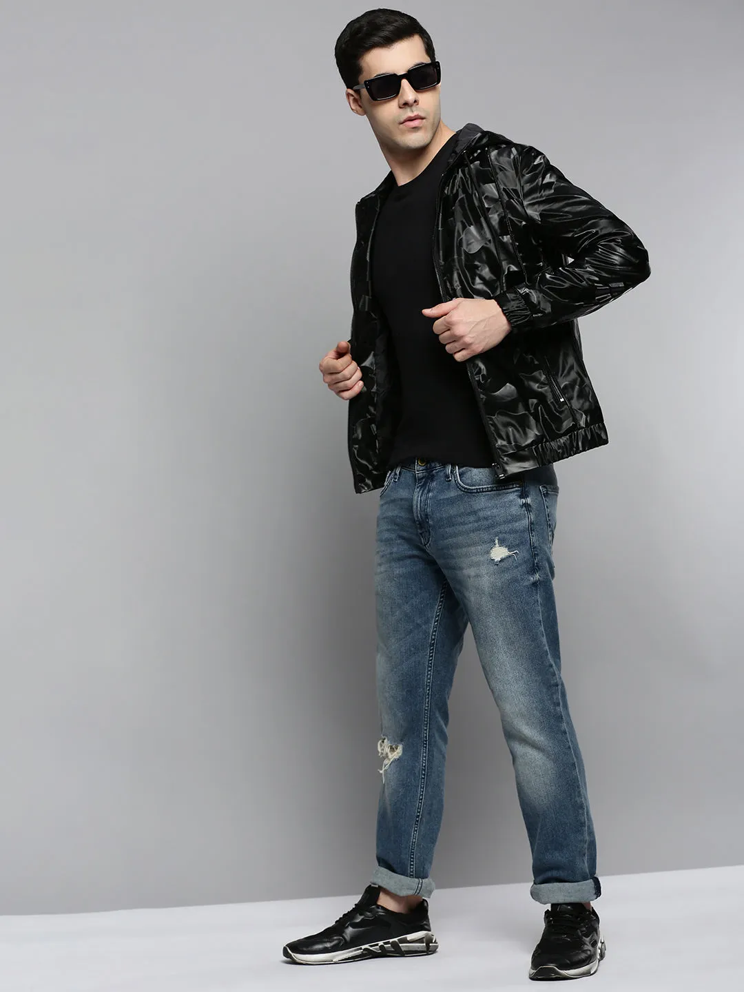 Men Black Camouflage Biker Jacket