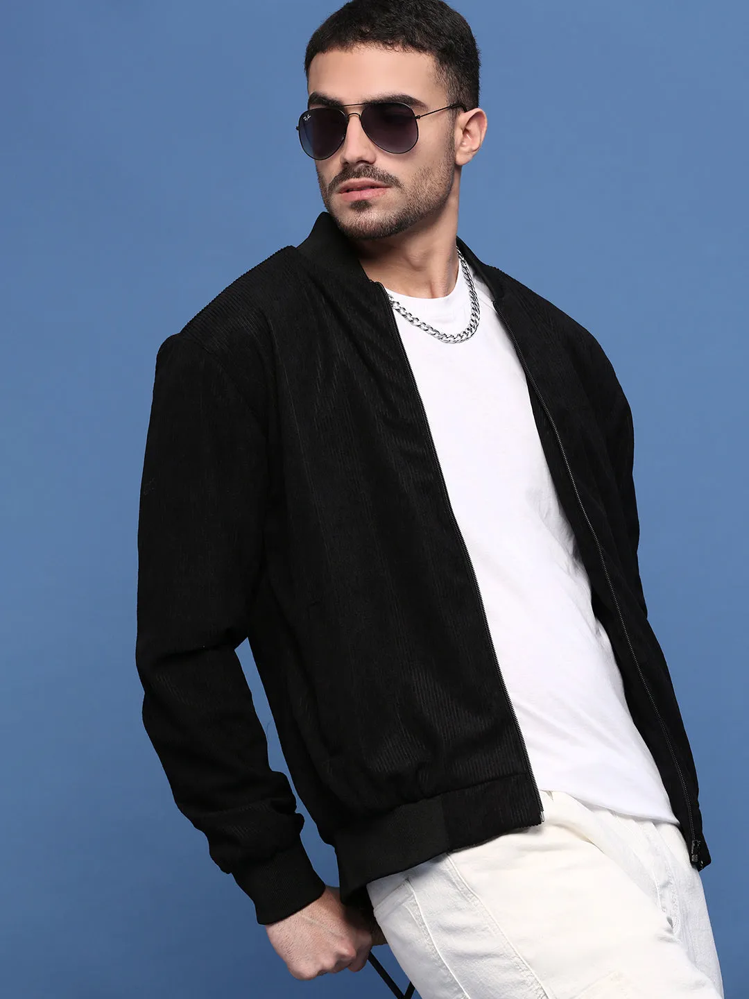 Men Black Corduroy Windcheater Bomber Jacket
