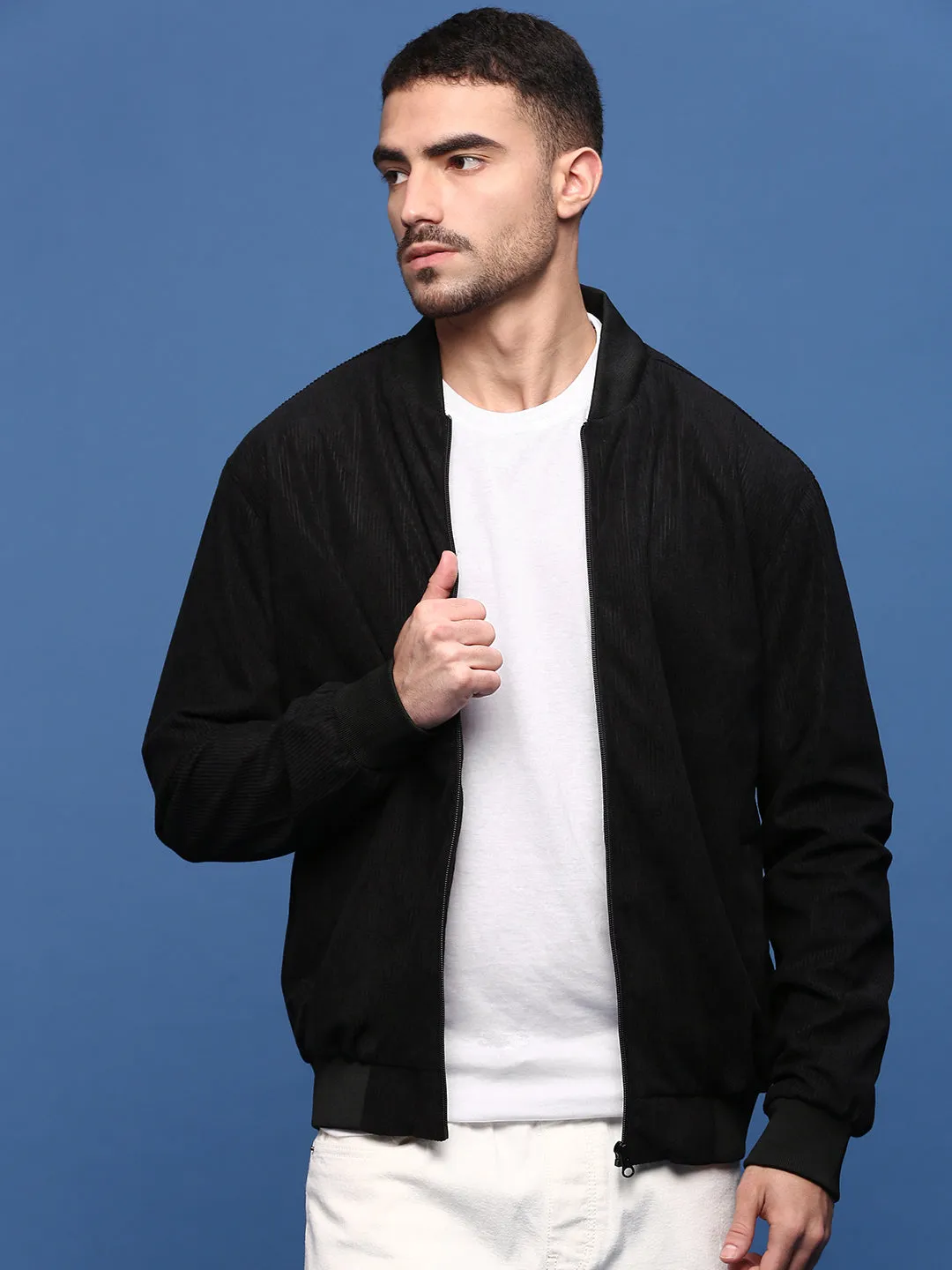 Men Black Corduroy Windcheater Bomber Jacket