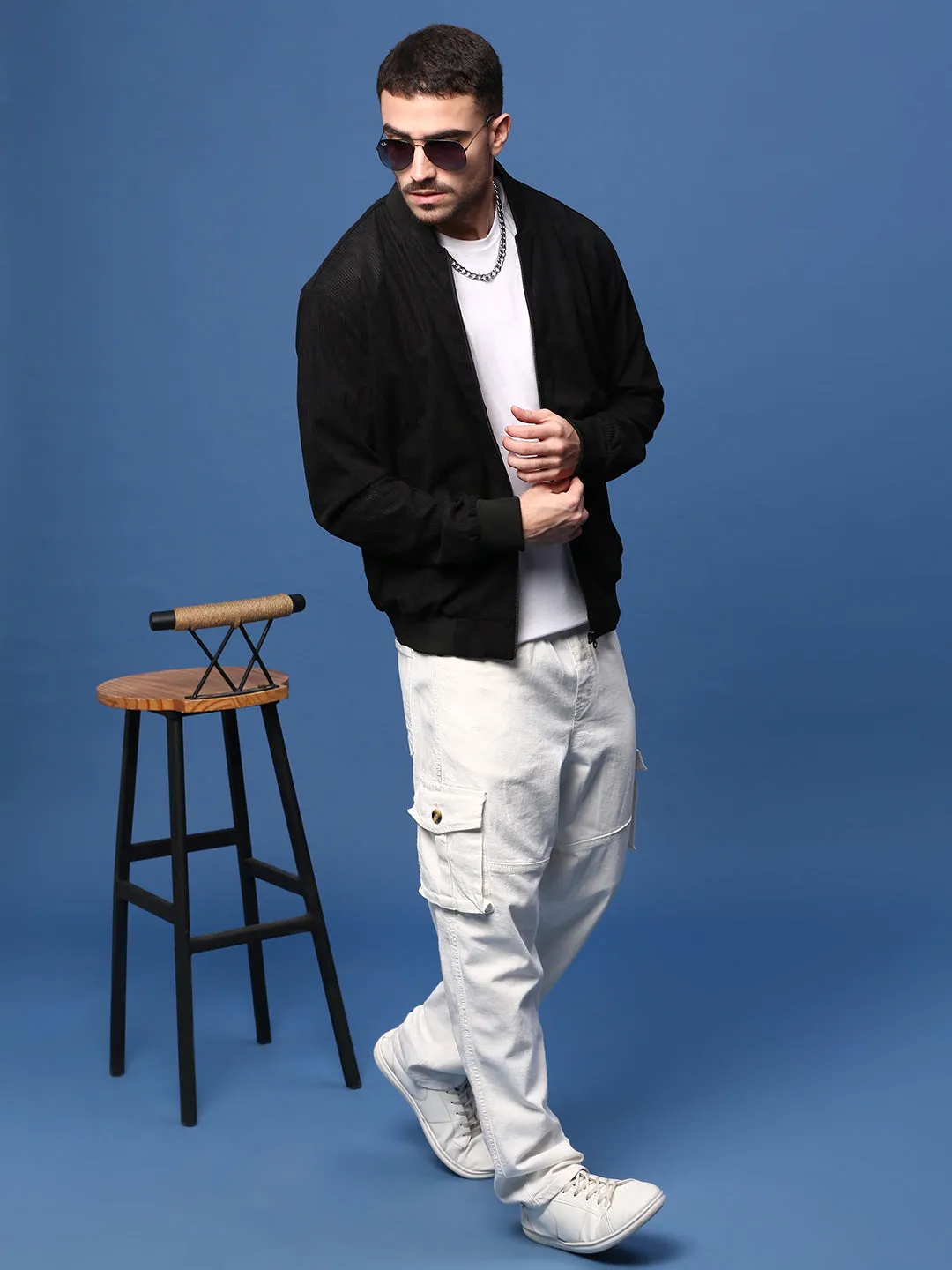 Men Black Corduroy Windcheater Bomber Jacket