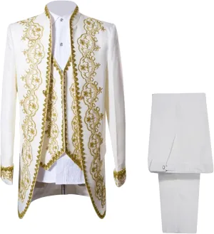 Men Court Embroidery Suits 3 Piece Casual Dress Suit Gold Prince Print Blazer Set Stylish Blazer & Vest & Pants