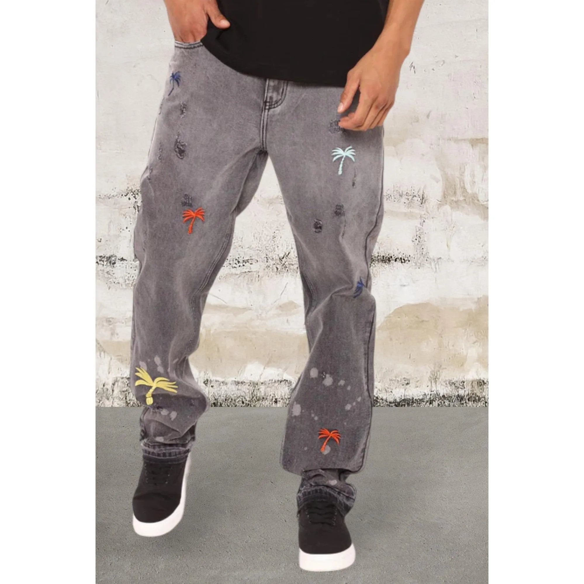 Men Straight Leg Palm Trees 5 Pocket Jeans