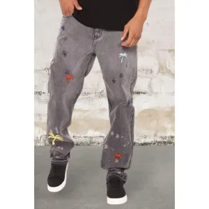 Men Straight Leg Palm Trees 5 Pocket Jeans