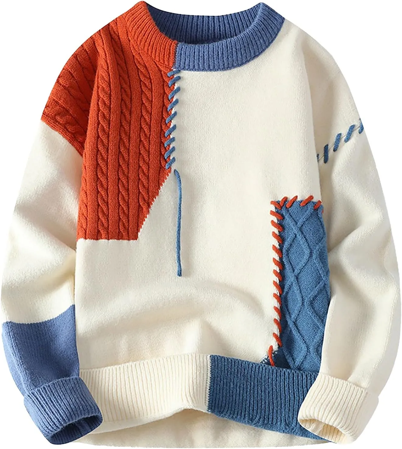 Mens Crewneck Sweater Pullover Color Block Patchwork Ribben Knited Sweaters Lightweight Long Sleeve Streetwear Tops