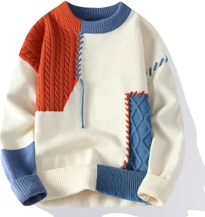 Mens Crewneck Sweater Pullover Color Block Patchwork Ribben Knited Sweaters Lightweight Long Sleeve Streetwear Tops