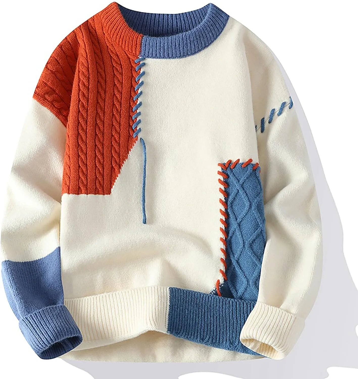 Mens Crewneck Sweater Pullover Color Block Patchwork Ribben Knited Sweaters Lightweight Long Sleeve Streetwear Tops