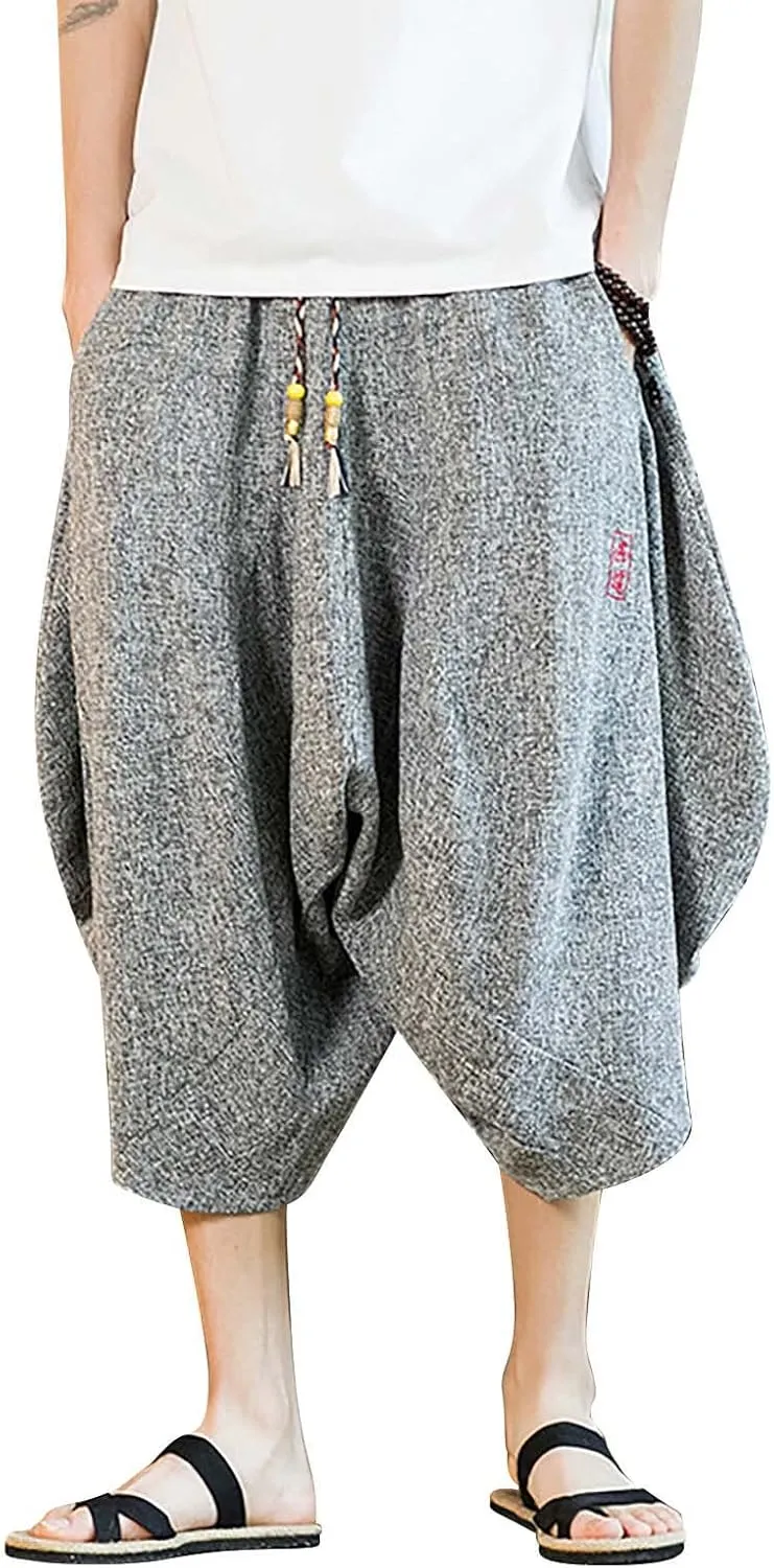 Mens Retro Wide Leg Capri Harem Pants Big and Tall Loose Fit Yoga Beach Shorts Drawstrings Expandable Waist Hip Hop Trousers