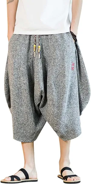 Mens Retro Wide Leg Capri Harem Pants Big and Tall Loose Fit Yoga Beach Shorts Drawstrings Expandable Waist Hip Hop Trousers