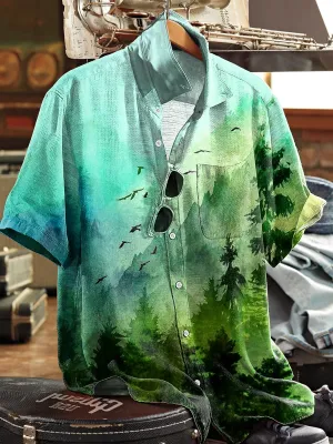 Men's Vintage Abstract Landscape Painting Art Print Short Sleeve Pocket Shirt