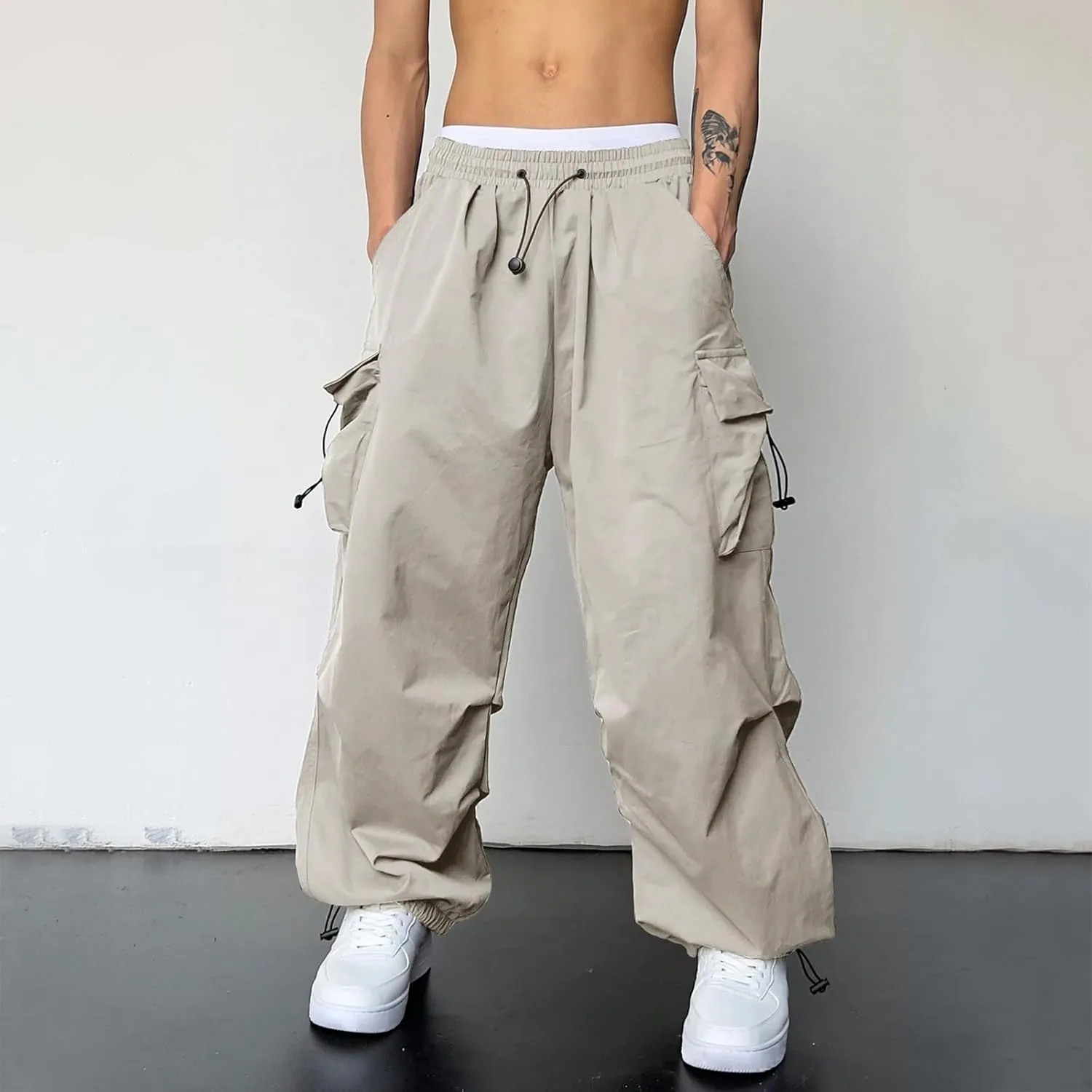 Men's Work Pants Loose Big Trousers Lace Straps Side 4 Pockets Casual Sports Trousers Suit Pants for Men