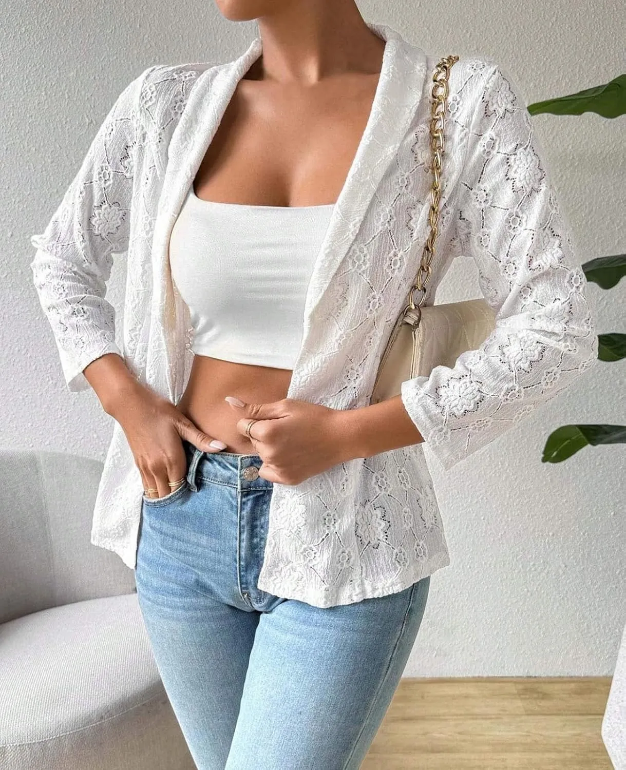 MINTLIMIT Women's 3/4 Sleeve Bolero Shrugs Elegant Crochet Top Floral Lace Open Front Cardigan 2025