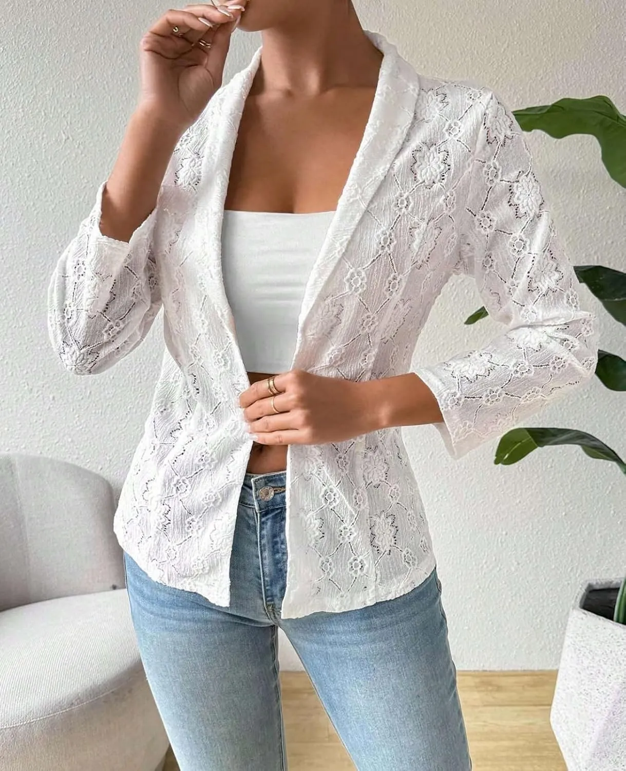 MINTLIMIT Women's 3/4 Sleeve Bolero Shrugs Elegant Crochet Top Floral Lace Open Front Cardigan 2025
