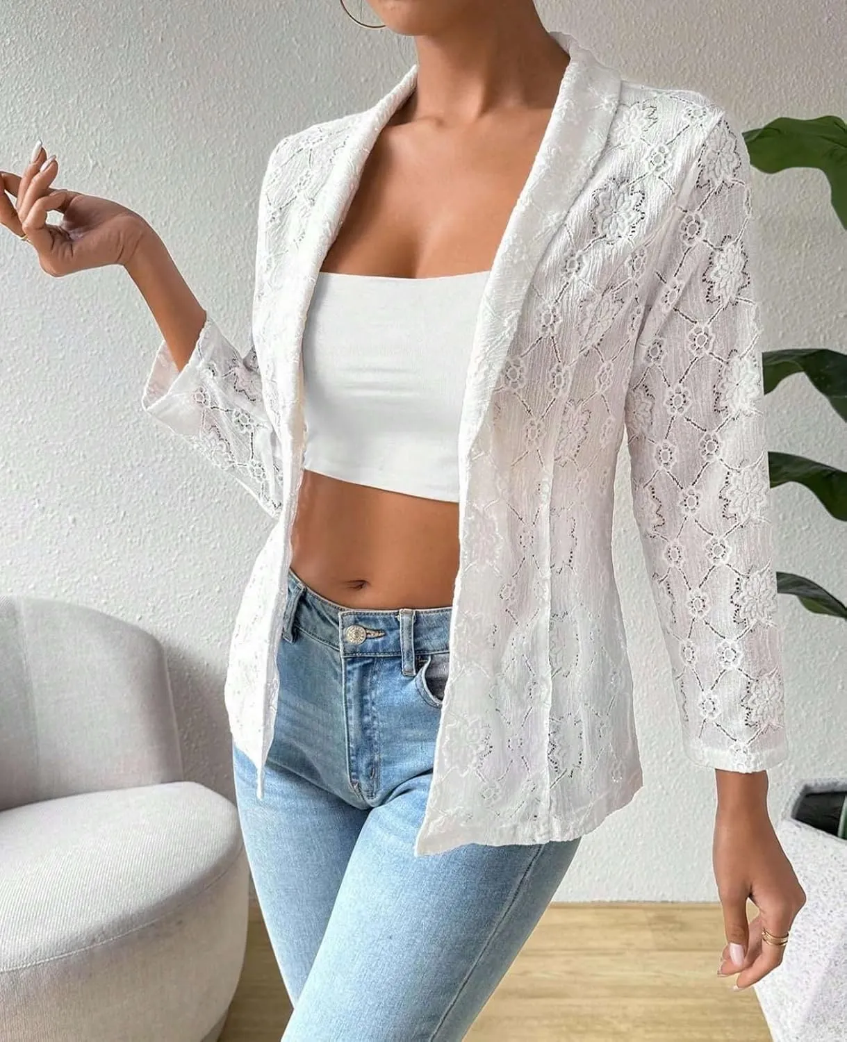 MINTLIMIT Women's 3/4 Sleeve Bolero Shrugs Elegant Crochet Top Floral Lace Open Front Cardigan 2025