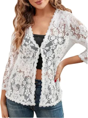 MINTLIMIT Women's 3/4 Sleeve Bolero Shrugs Elegant Crochet Top Floral Lace Open Front Cardigan 2025