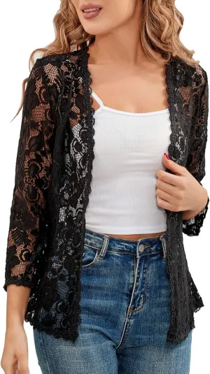 MINTLIMIT Women's 3/4 Sleeve Bolero Shrugs Elegant Crochet Top Floral Lace Open Front Cardigan 2025