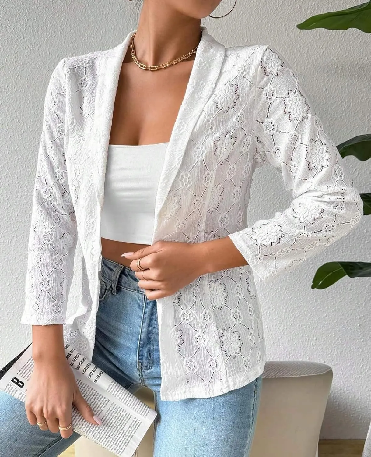 MINTLIMIT Women's 3/4 Sleeve Bolero Shrugs Elegant Crochet Top Floral Lace Open Front Cardigan 2025