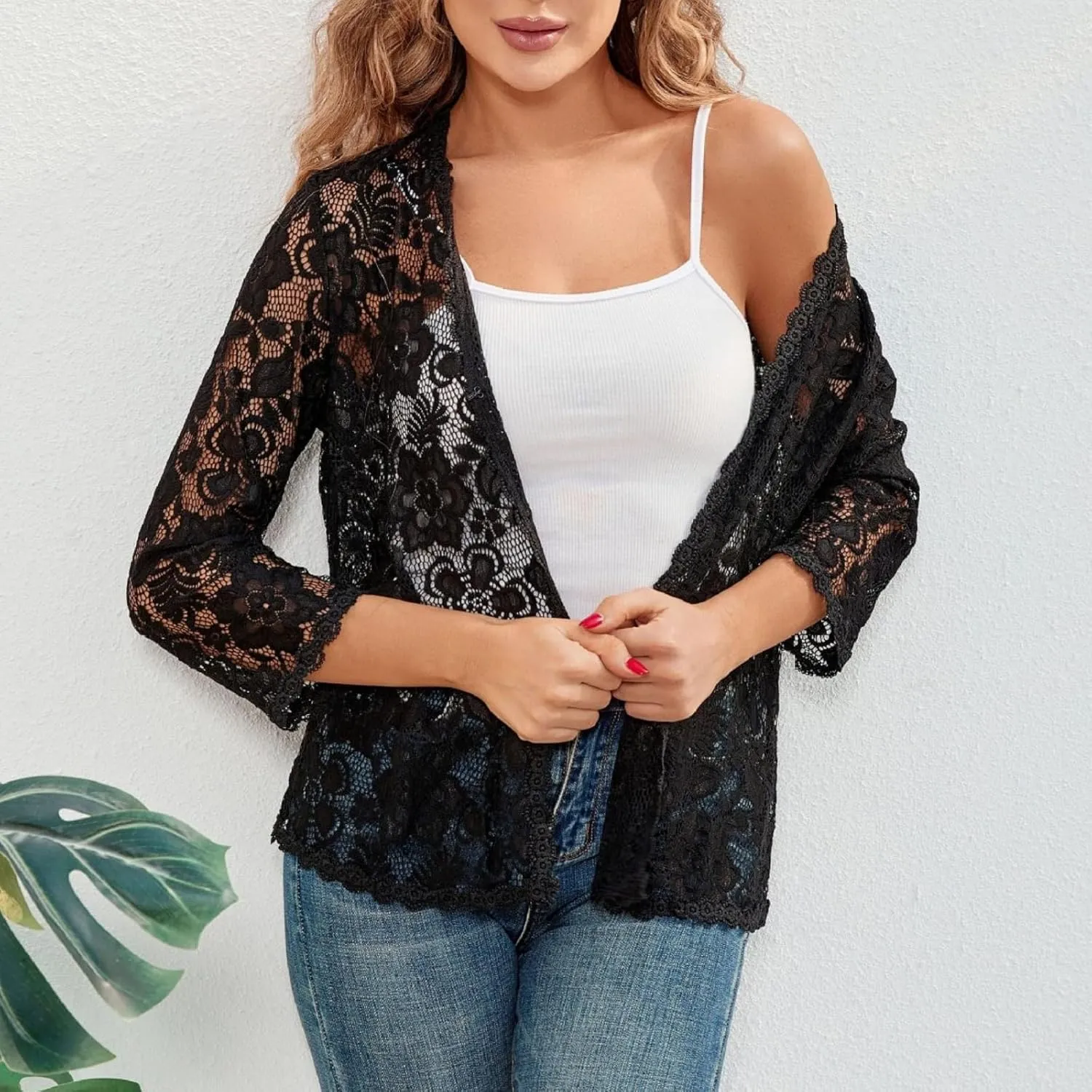 MINTLIMIT Women's 3/4 Sleeve Bolero Shrugs Elegant Crochet Top Floral Lace Open Front Cardigan 2025