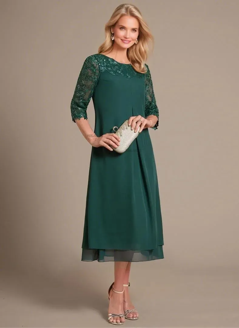 Mother of The Bride Dresses 2025 Lace Formal Gown Scoop Neck Long Sleeve Evening Dress Tea Length