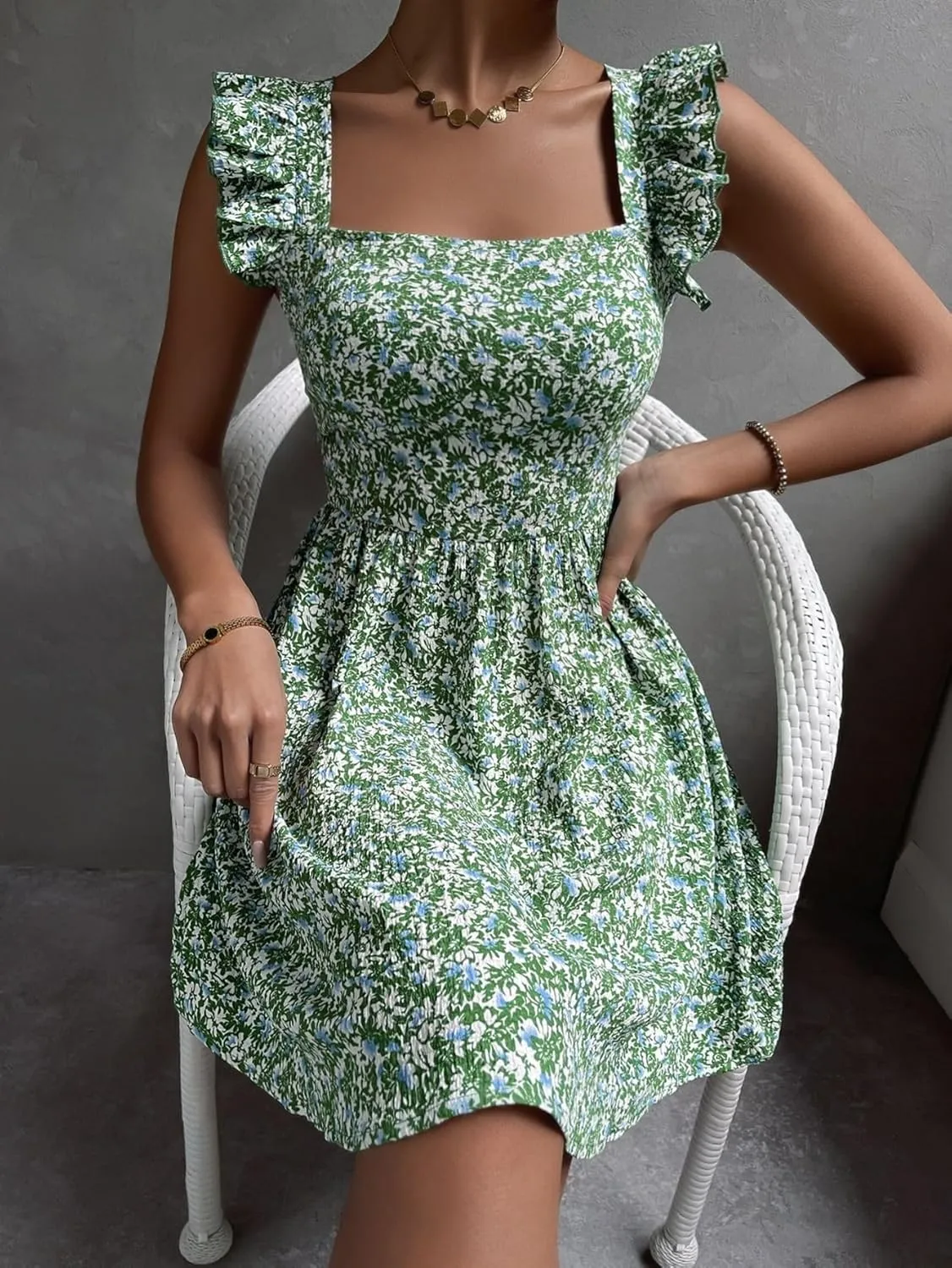 Narecte Women's Floral Mini Dress Cap Sleeve Boho Dresses for Women 2025 Casual Summer Dresses Short Sun Dresses