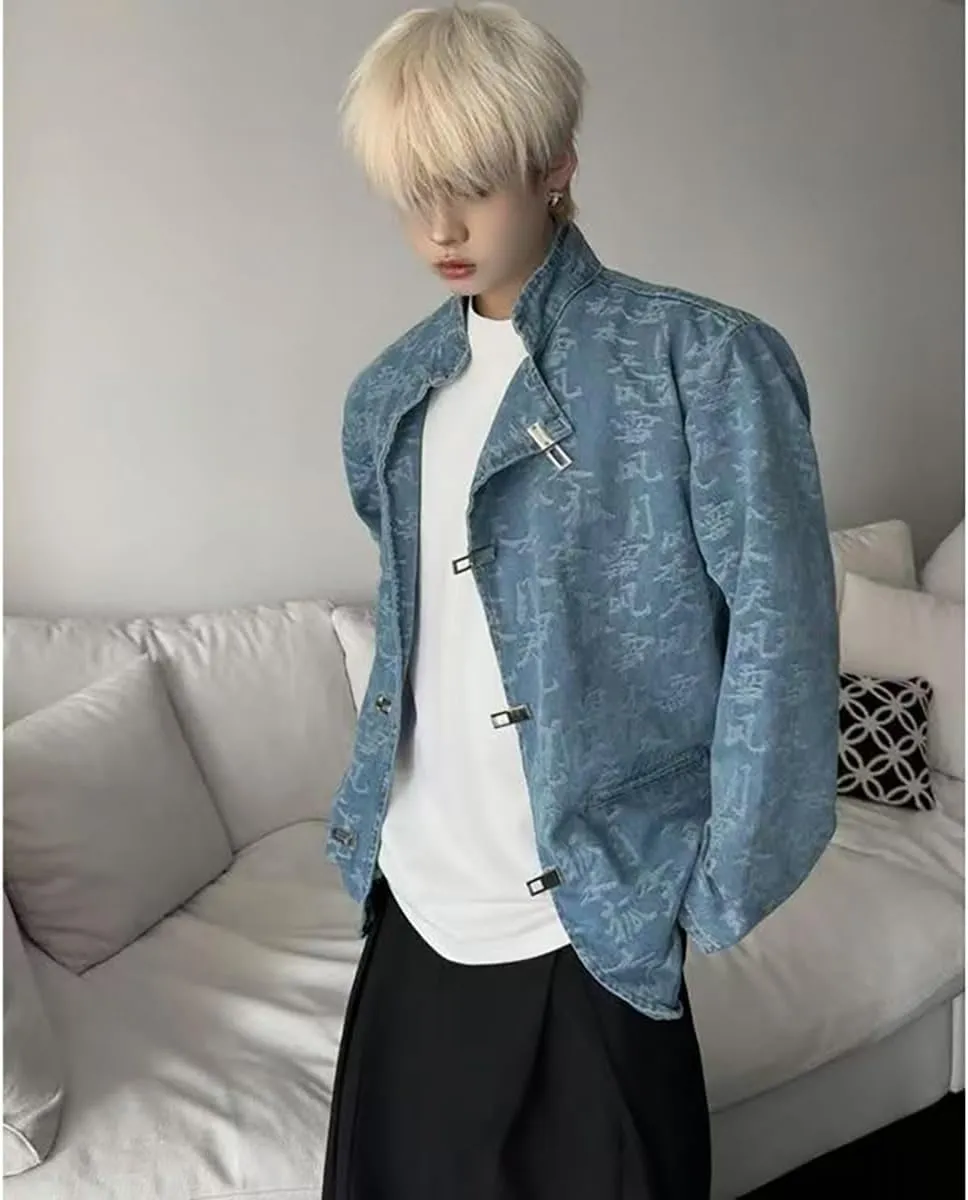 NCDUANSAN New Chinese printed men's denim jacket, niche button up long sleeved jacket, casual and fashionable design hip-hop