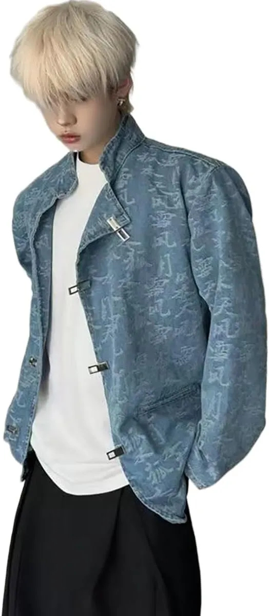 NCDUANSAN New Chinese printed men's denim jacket, niche button up long sleeved jacket, casual and fashionable design hip-hop
