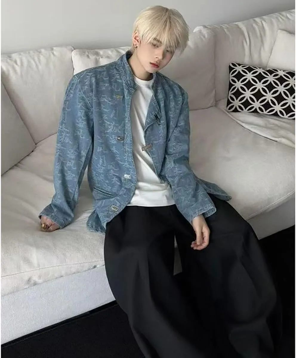 NCDUANSAN New Chinese printed men's denim jacket, niche button up long sleeved jacket, casual and fashionable design hip-hop