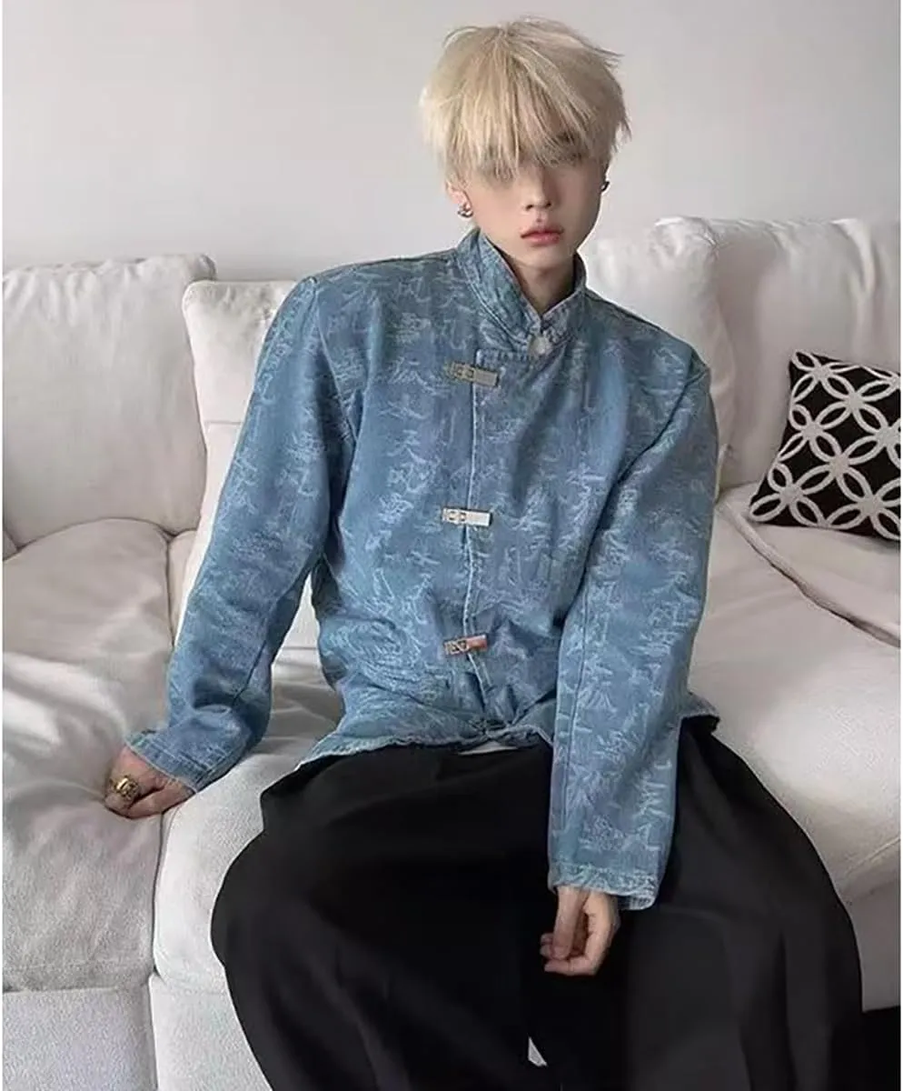 NCDUANSAN New Chinese printed men's denim jacket, niche button up long sleeved jacket, casual and fashionable design hip-hop